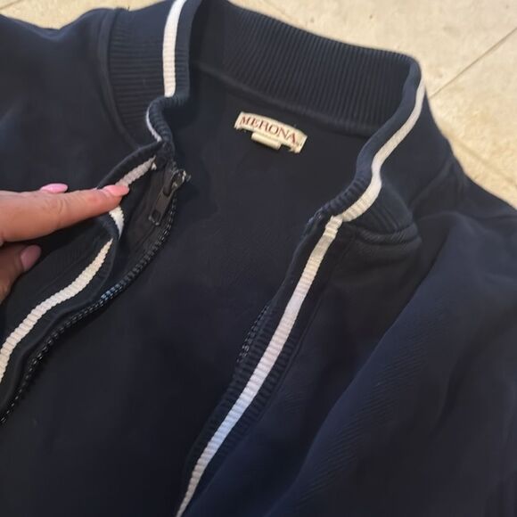 Black and White Zip-Up Jacket MERONA Size Medium White Striped Cuff and Pockets - Picture 2 of 4